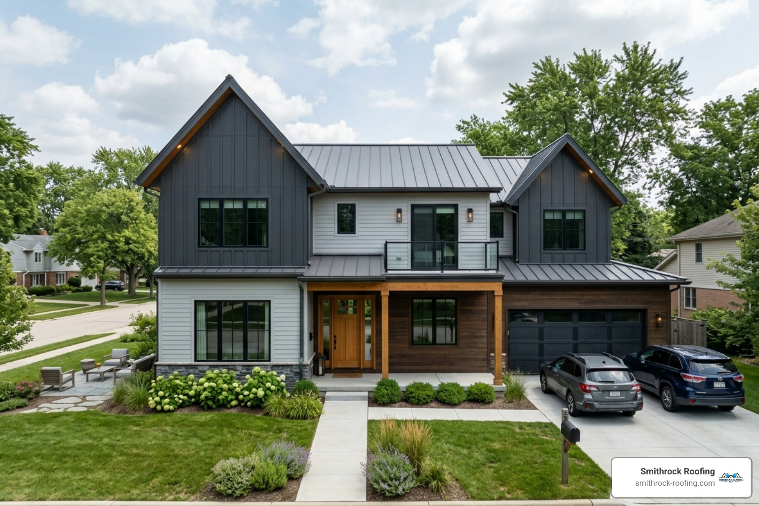 A contemporary home featuring a mix of horizontal lap siding and vertical board-and-batten accents on the gables - new