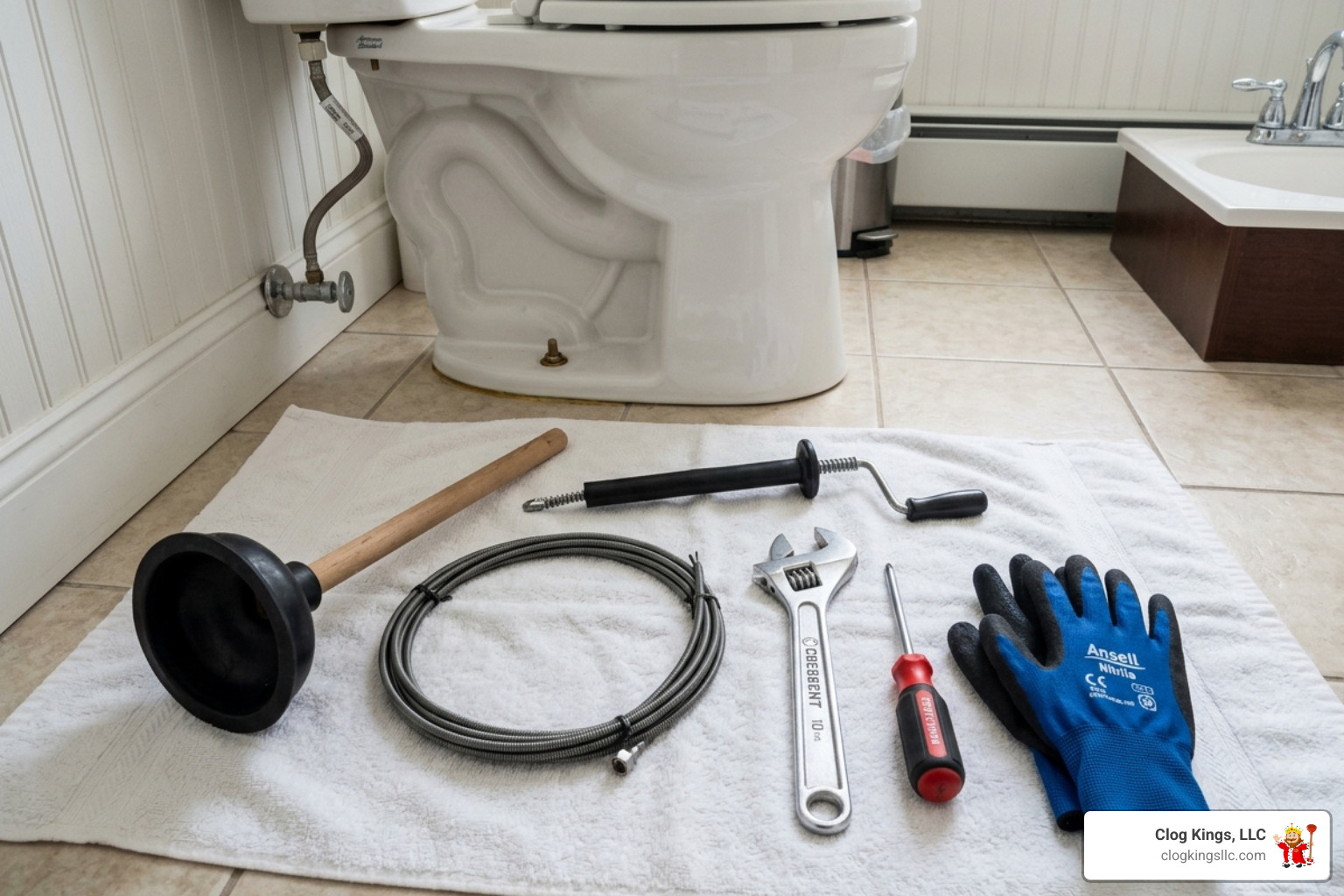 Plumbing tools laid out on a towel ready for repair - fix broken toilet