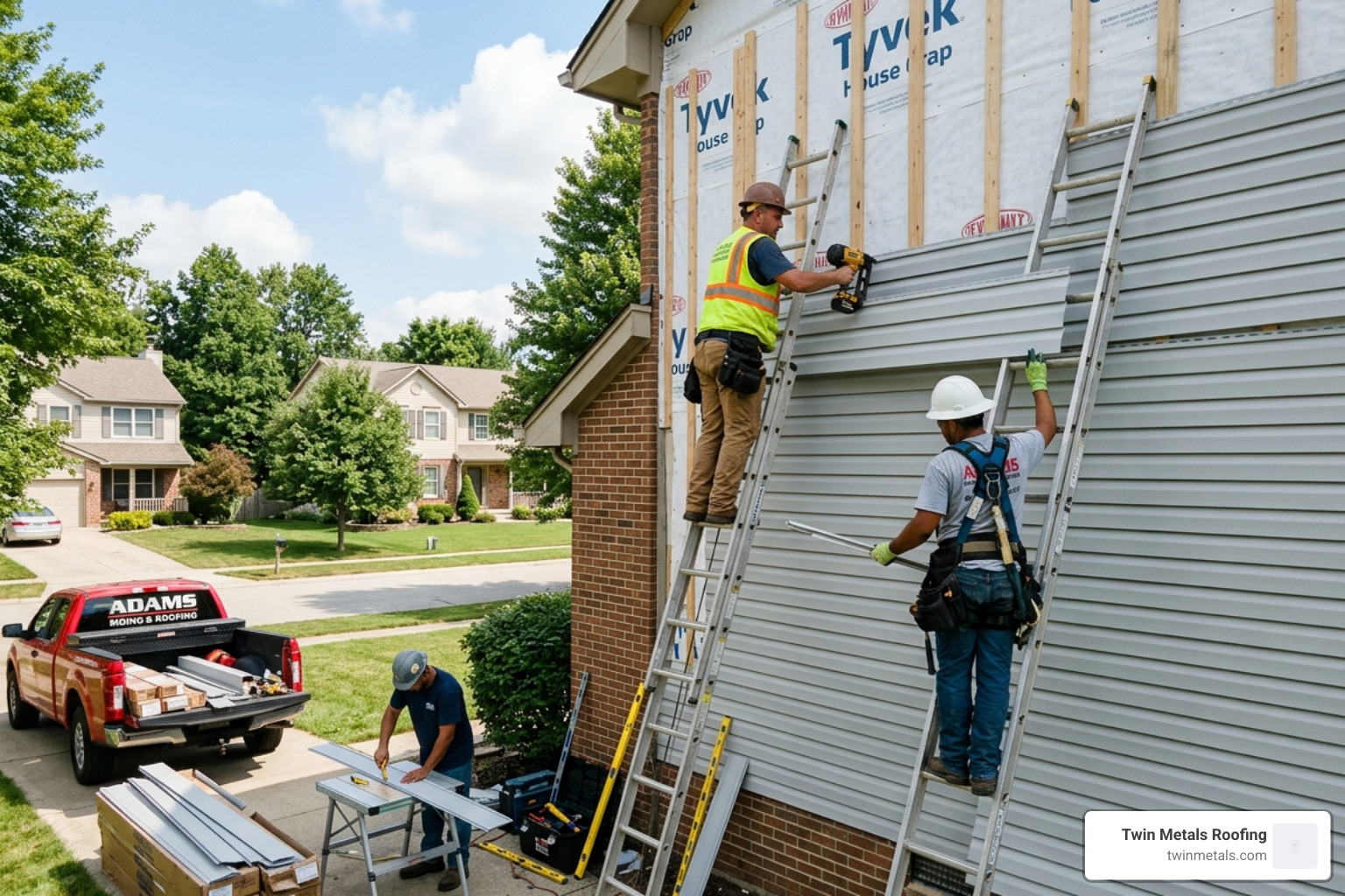 A professional siding crew installing new panels on a residential home - siding contractor Natick MA