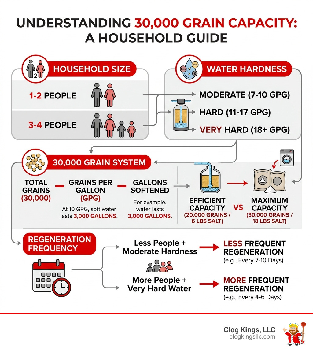 Infographic showing how 30000 grain capacity relates to household size, water hardness, and regeneration frequency - 30000