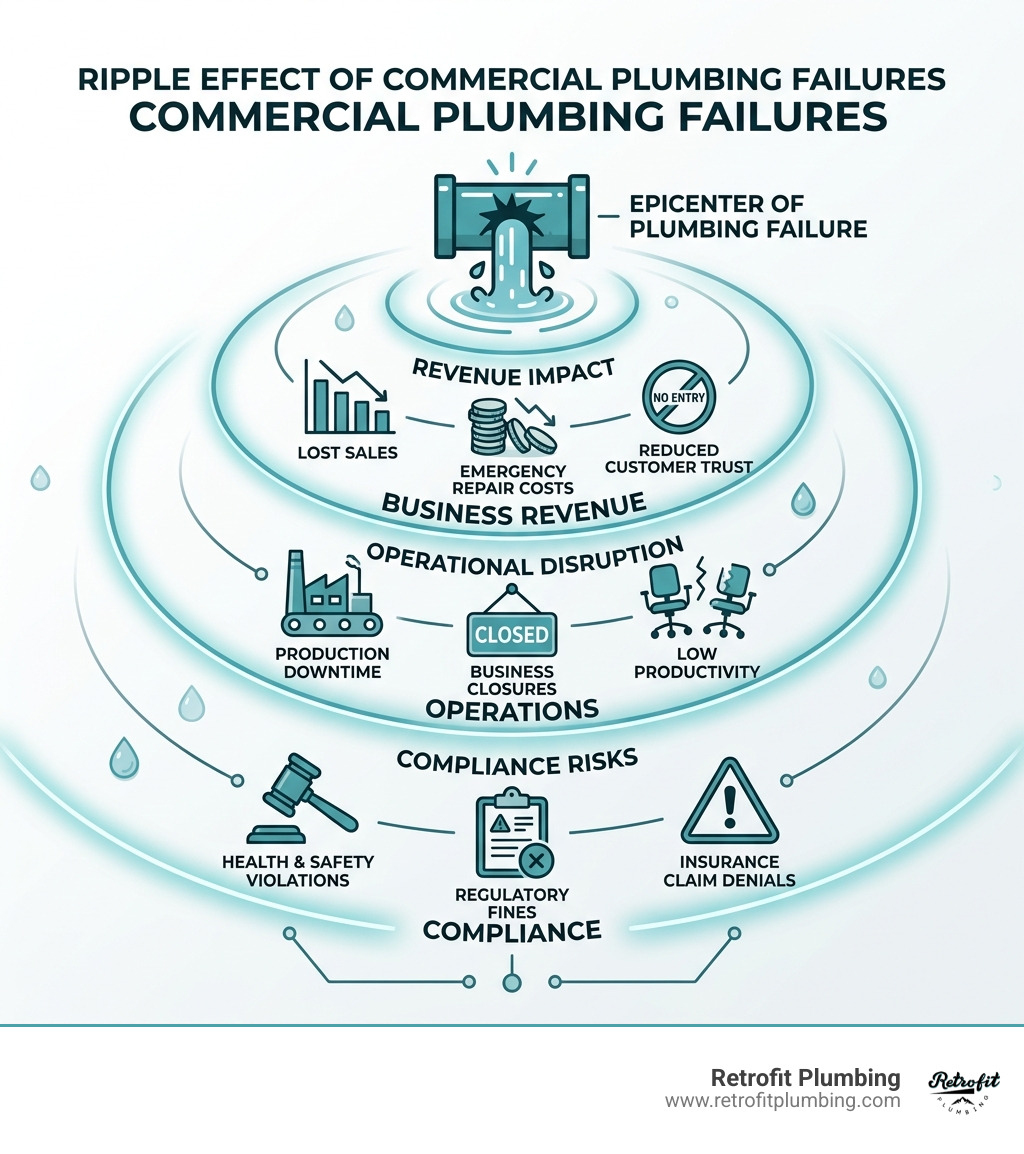 Infographic showing the ripple effect of commercial plumbing failures on business revenue, operations, and compliance