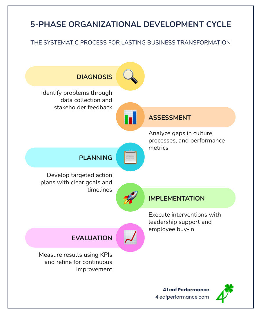 5-phase OD cycle infographic: Diagnosis, Assessment, Planning, Implementation, Evaluation - organizational development