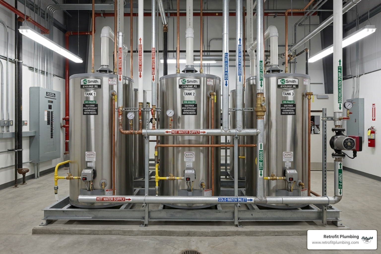 High-capacity commercial water heaters in a mechanical room - commercial plumbing repair