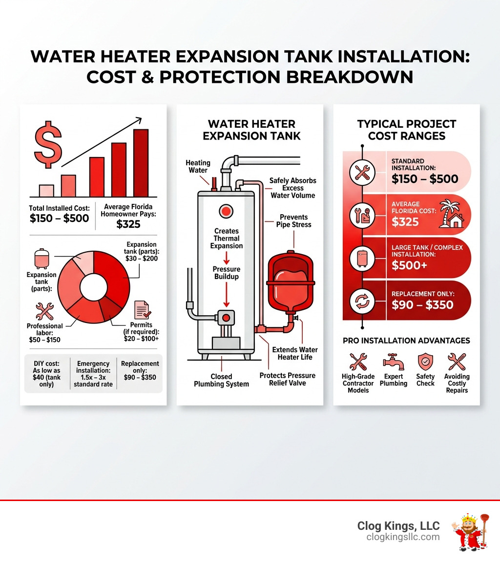 Infographic showing expansion tank cost breakdown, how it protects water heaters, and average price ranges - cost to install