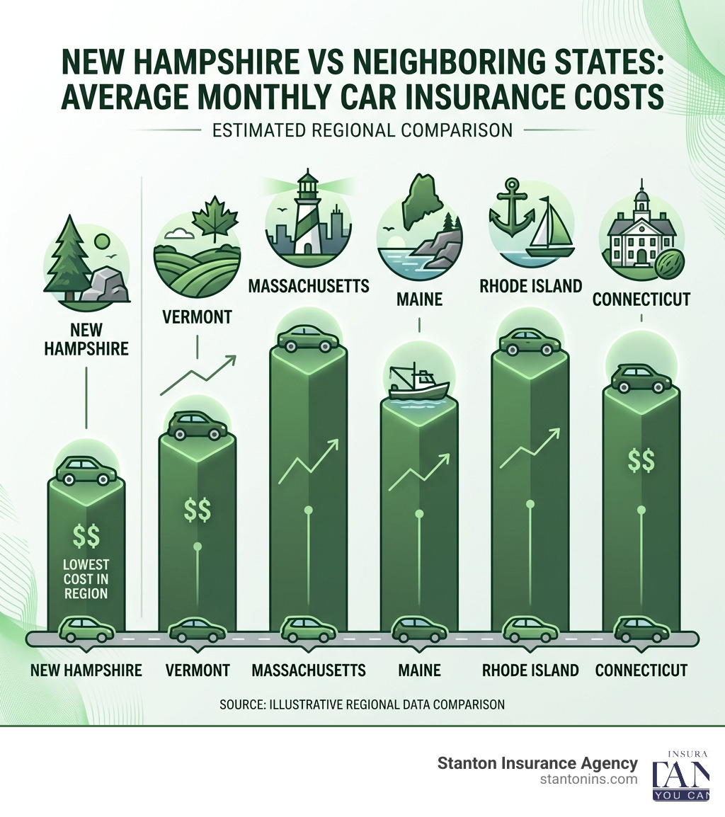 New Hampshire average monthly car insurance costs compared to neighboring New England states infographic - how much does car insurance cost in new hampshire