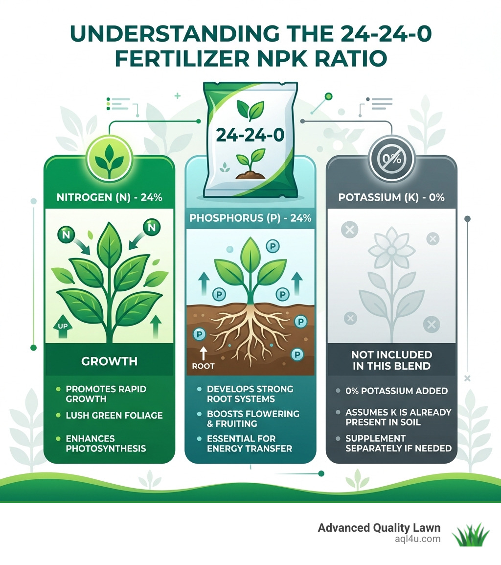 Infographic showing roles of Nitrogen, Phosphorus, and Potassium in 24-24-0 fertilizer with 0% Potassium noted - 24 24 0