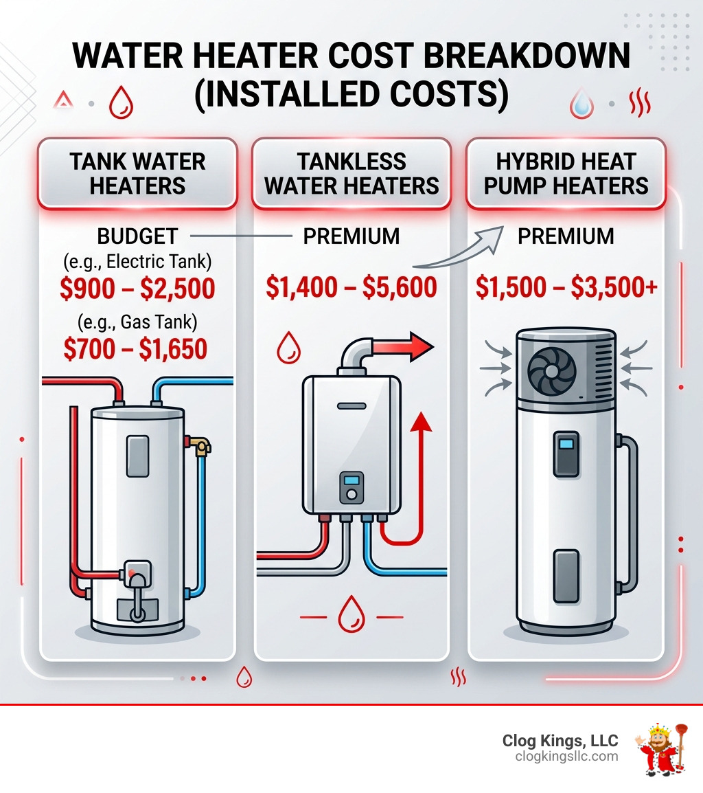 Water heater cost breakdown from budget to premium: tank vs tankless vs hybrid price ranges - costs of water heaters