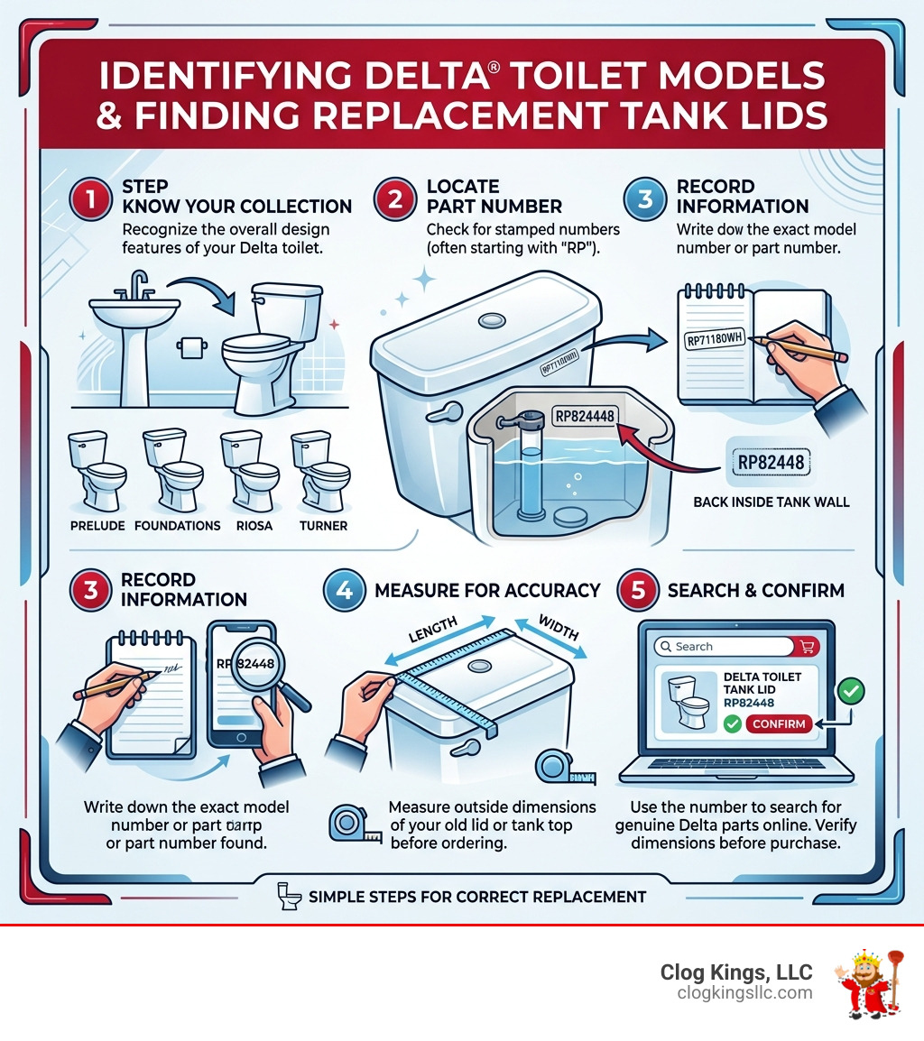 Infographic showing how to identify Delta toilet model and find the correct replacement tank lid - delta toilet tank lid Infographic showing how to identify Delta toilet model and find the correct replacement tank lid - delta toilet tank lid