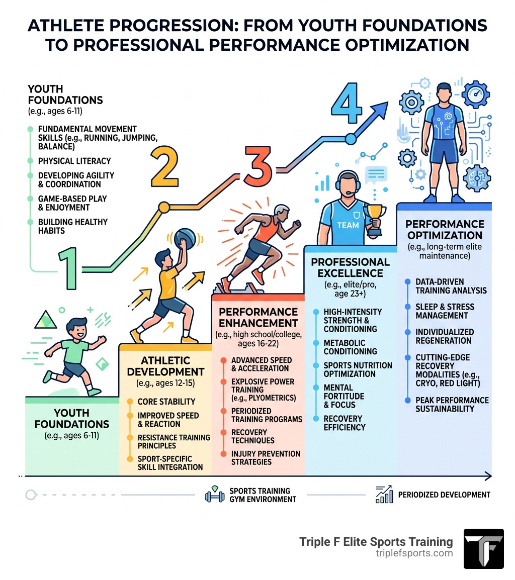 Infographic showing athlete progression from youth foundations to professional performance optimization - sports training Infographic showing athlete progression from youth foundations to professional performance optimization - sports training