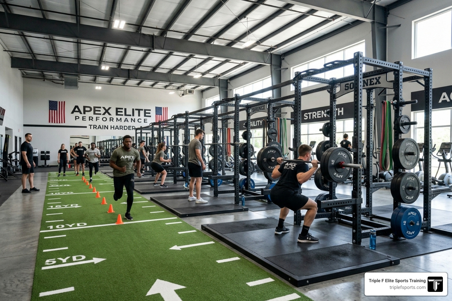 Specialized power racks and turf in a sports training gym - sports training gym Specialized power racks and turf in a sports training gym - sports training gym