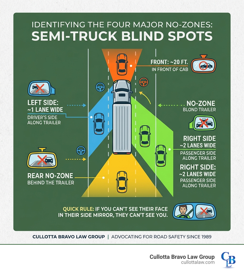 Infographic showing four major semi-truck blind spots with dimensions: front 20ft, rear 30-200ft, left 1 lane, right 2 lanes