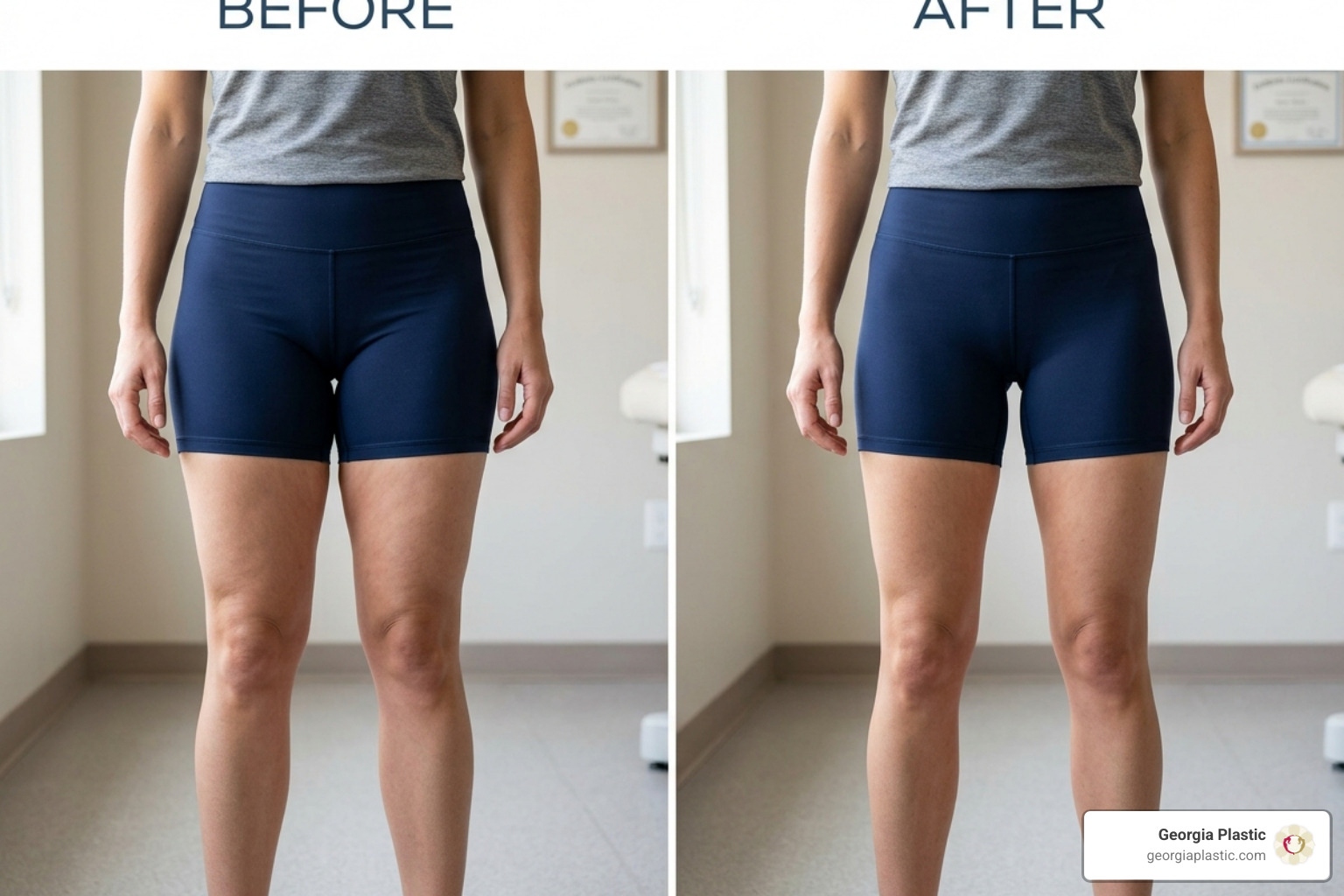 Inner thigh gap results showing smoother contours and reduced friction - laser lipo on thighs before and after Inner thigh gap results showing smoother contours and reduced friction - laser lipo on thighs before and after