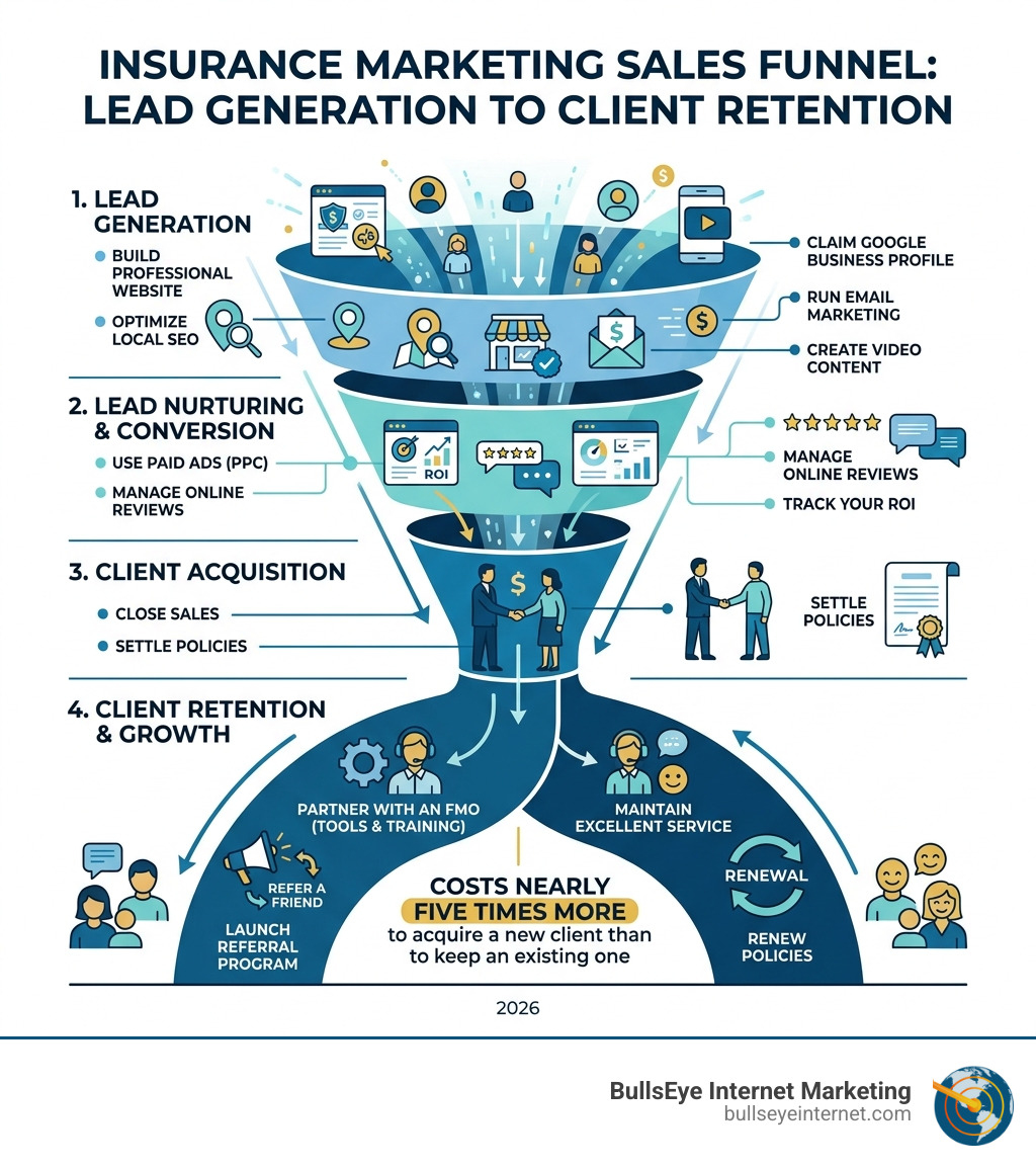 Insurance marketing sales funnel from lead generation to client retention - Marketing for insurance agents infographic Insurance marketing sales funnel infographic illustrating lead generation, client acquisition, and retention strategies, highlighting key steps like optimizing local SEO, managing online reviews, and partnering with FMOs for effective marketing.