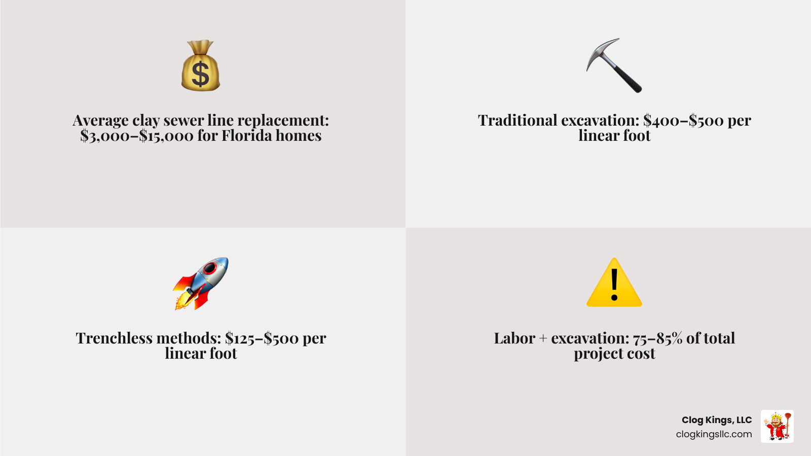 Infographic showing average cost to replace clay sewer line by method, length, and Florida-specific factors - cost to