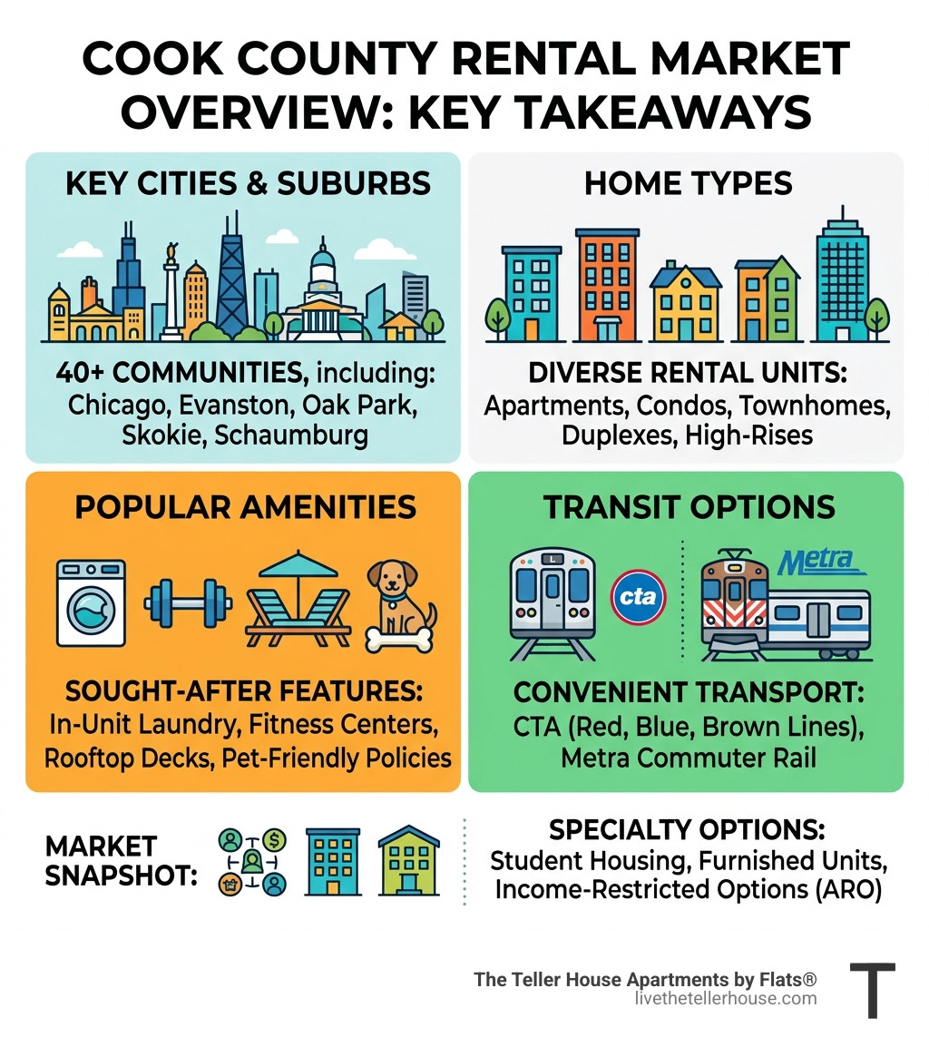 Infographic showing Cook County rental market overview: cities, home types, amenities, and transit options - apartments for