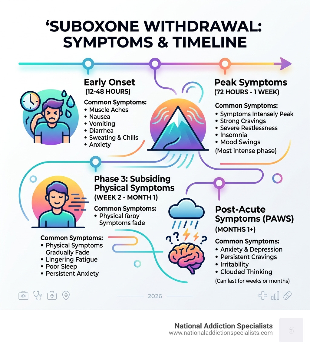 Suboxone withdrawal symptoms timeline and phases infographic - what are withdrawal symptoms from suboxone infographic 
