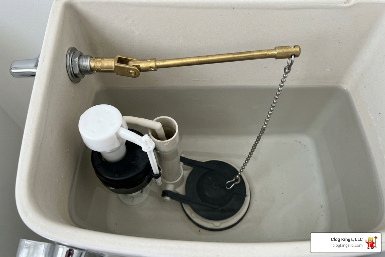 Interior view of a toilet tank showing the flush lever and lift chain - broken toilet handle repair