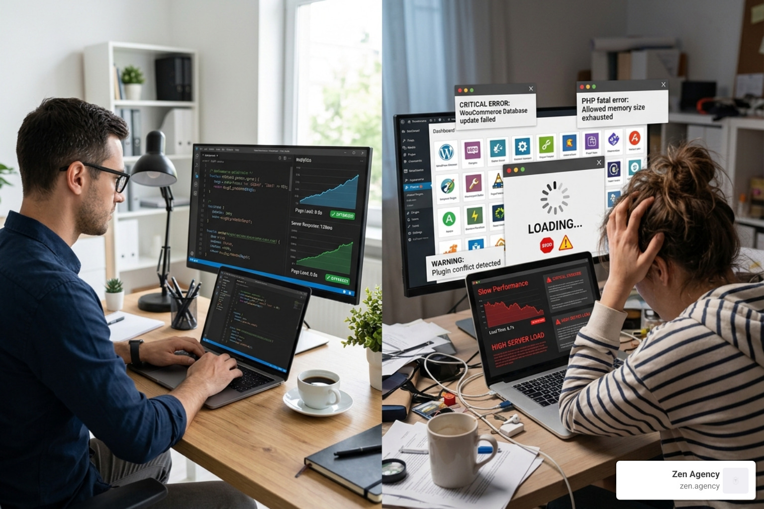 Professional WooCommerce developer vs DIY comparison showing clean code and high performance vs cluttered plugins and slow Professional WooCommerce developer vs DIY comparison showing clean code and high performance vs cluttered plugins and slow