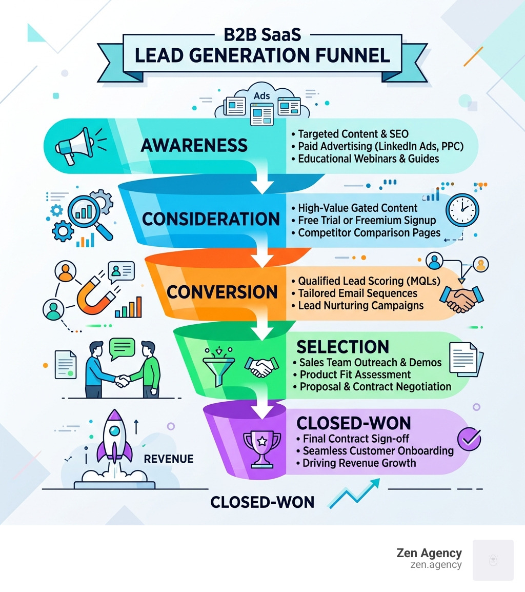 Infographic showing the B2B SaaS lead generation funnel from awareness to closed-won - b2b saas lead generation strategies Infographic showing the B2B SaaS lead generation funnel from awareness to closed-won - b2b saas lead generation strategies