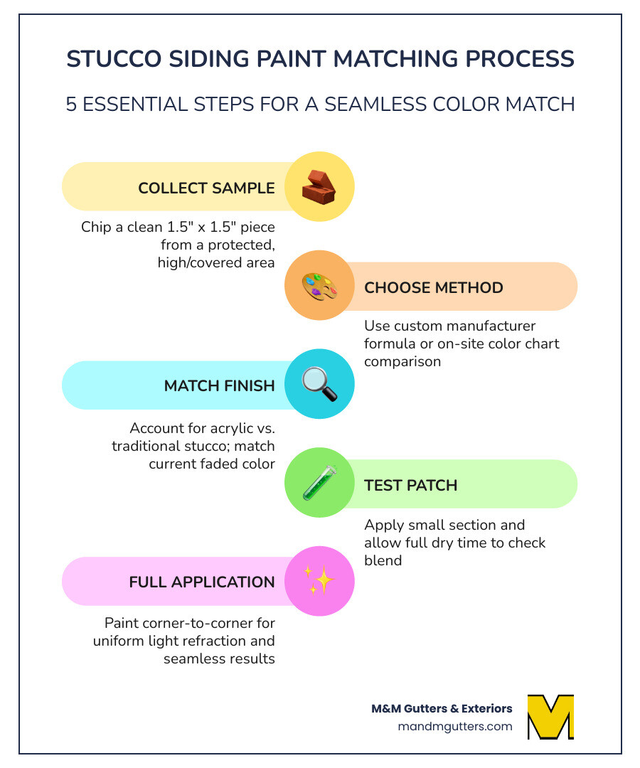 Infographic: 5-step stucco siding color matching process from sampling to application - stucco siding paint matching