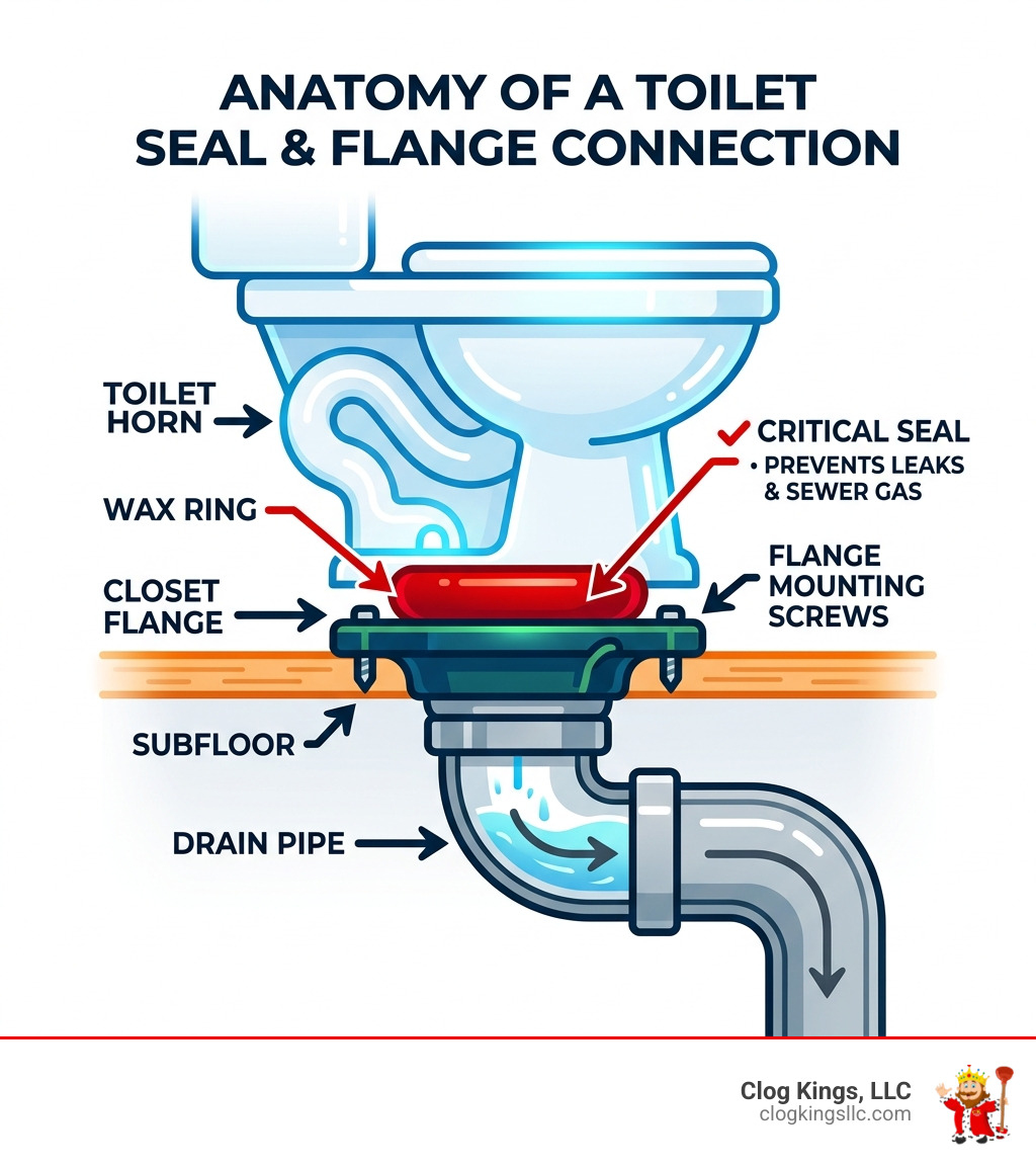 Anatomy of a toilet seal and flange connection showing wax ring, toilet horn, and closet flange - broken toilet seal