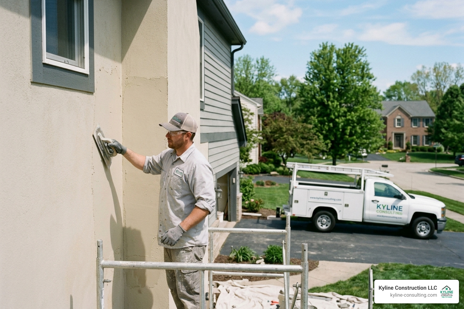 Professional contractor applying a smooth finish coat of stucco to a residential exterior - cost of replacing siding with