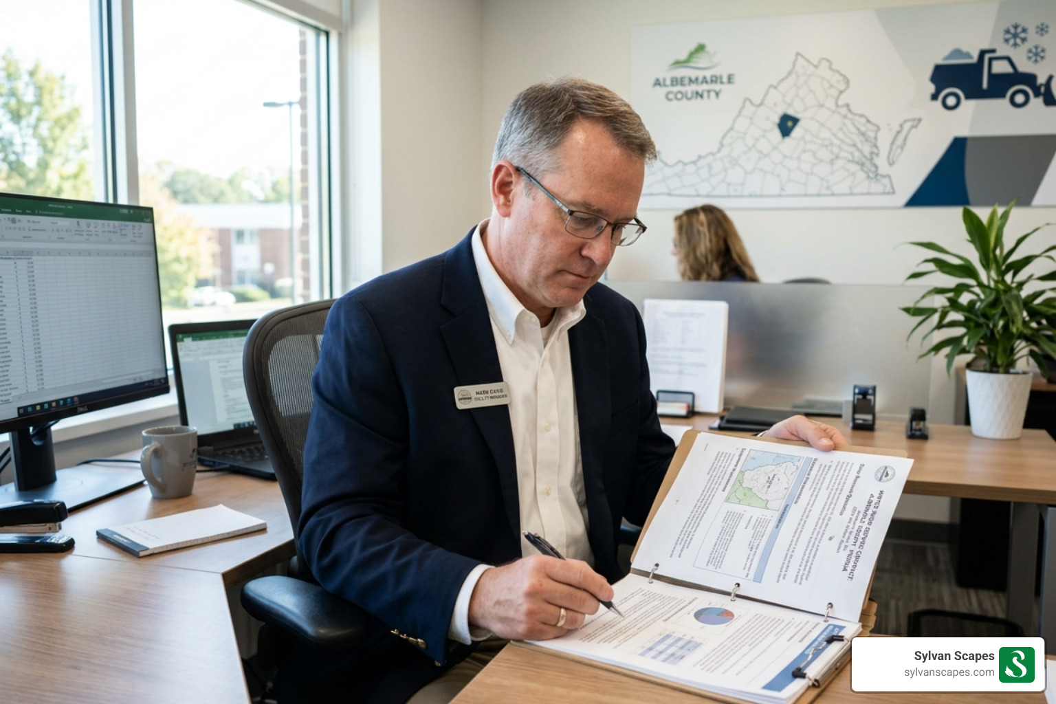 Facility manager reviewing a winter service contract for Albemarle County - albemarle winter snow services Facility manager reviewing a winter service contract for Albemarle County - albemarle winter snow services