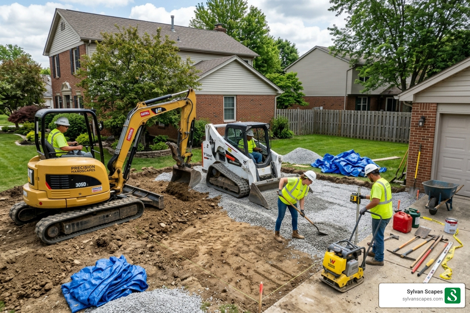 A professional hardscape crew during the excavation phase preparing the base for a patio - hardscape installers near me A professional hardscape crew during the excavation phase preparing the base for a patio - hardscape installers near me
