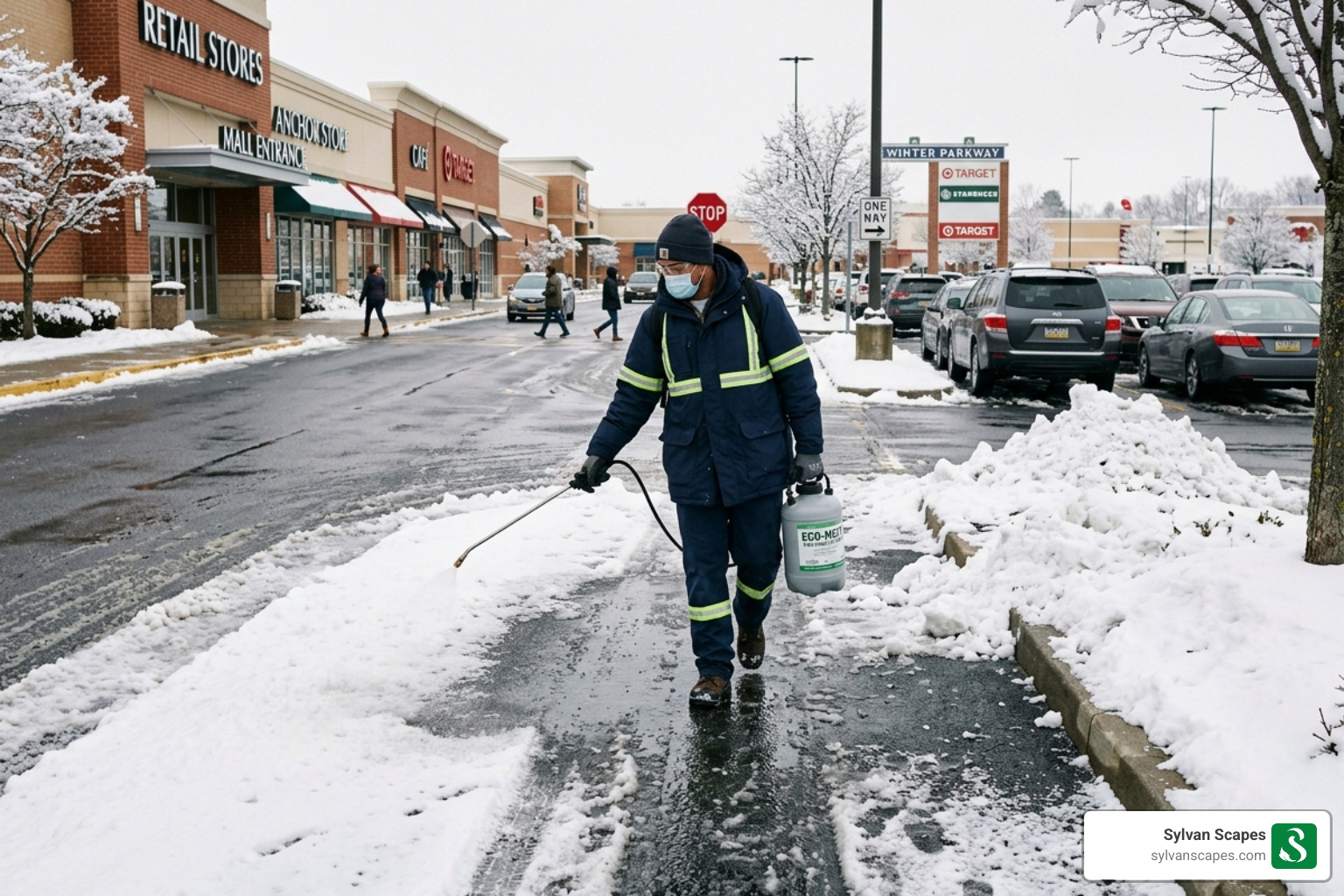 Eco-friendly liquid de-icer application on a commercial walkway - albemarle winter snow services Eco-friendly liquid de-icer application on a commercial walkway - albemarle winter snow services