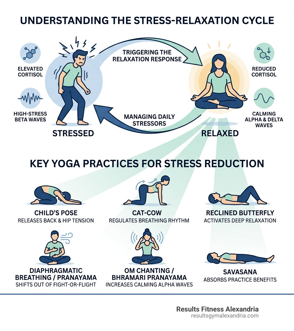 Infographic showing the stress-relaxation cycle and key yoga practices that reduce cortisol and brainwave stress markers Infographic showing the stress-relaxation cycle and key yoga practices that reduce cortisol and brainwave stress markers