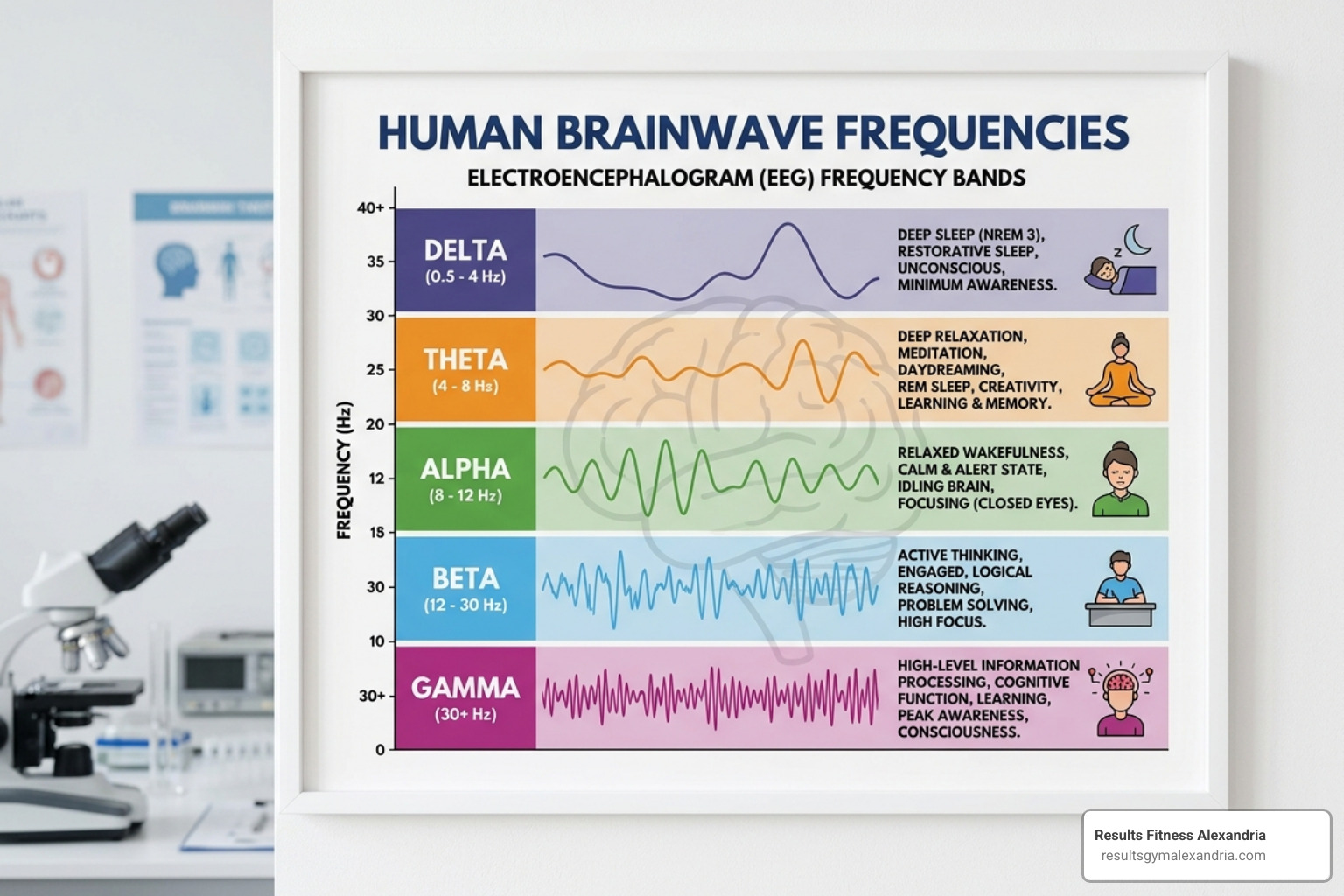 Brainwave frequency chart showing Delta, Theta, Alpha, Beta, and Gamma waves - Stress reducing yoga Brainwave frequency chart showing Delta, Theta, Alpha, Beta, and Gamma waves - Stress reducing yoga