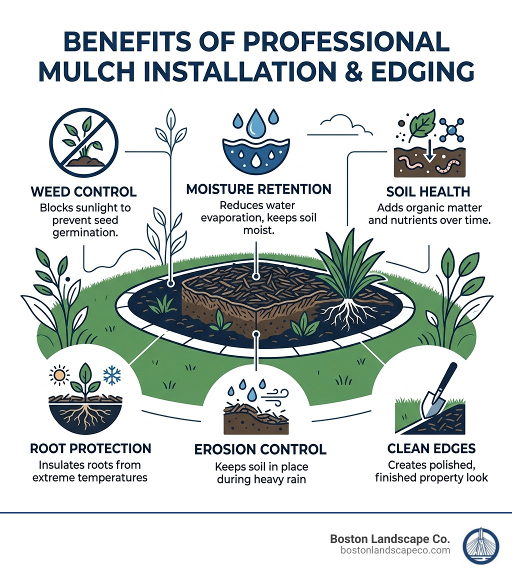 Benefits of professional mulch installation and edging infographic highlighting weed control, moisture retention, soil health, root protection, erosion control, and clean edges, featuring illustrations and text, branded with Boston Landscape Co.
