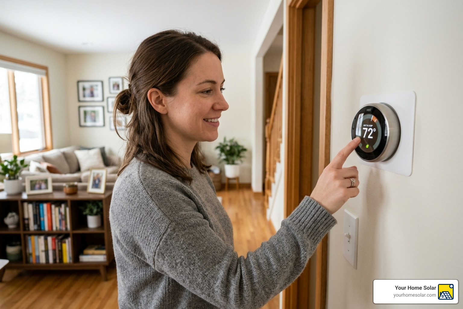 person adjusting a smart thermostat - reduce power bill person adjusting a smart thermostat - reduce power bill