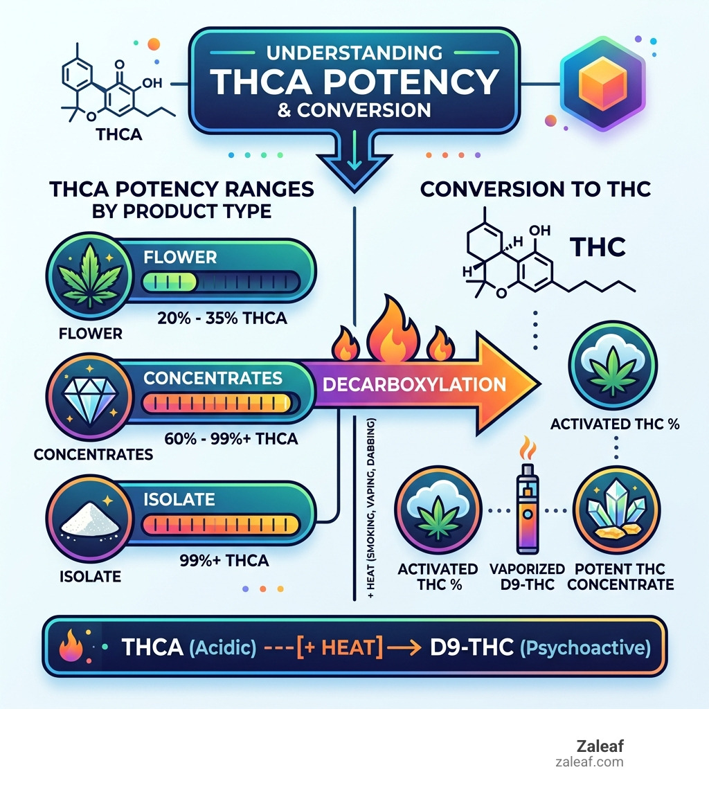 Infographic showing THCA potency ranges by product type and conversion to THC via decarboxylation - high potency THCA