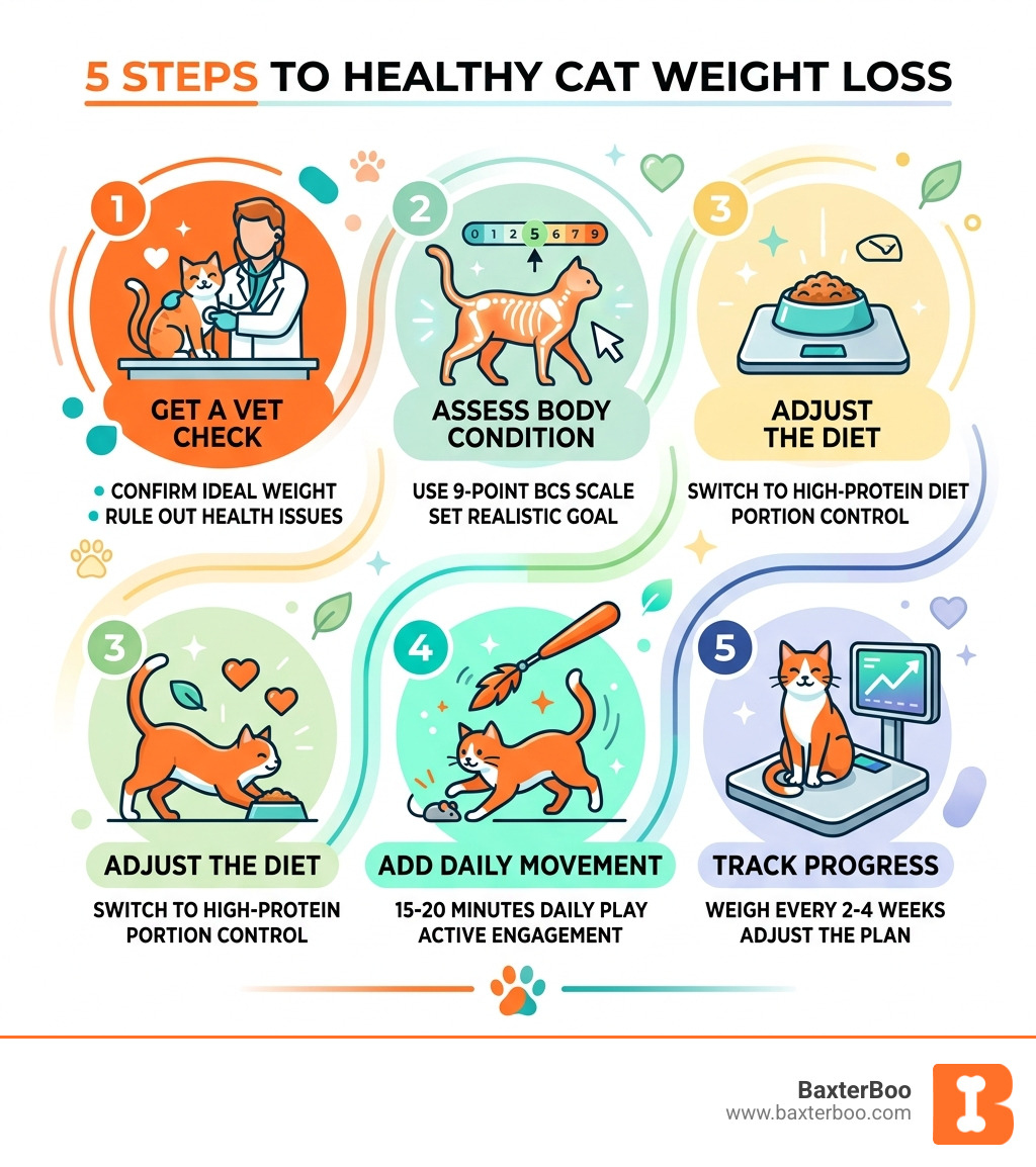 5-step infographic for healthy cat weight loss: assess, consult vet, adjust diet, add play, track progress - healthy cat 5-step infographic for healthy cat weight loss: assess, consult vet, adjust diet, add play, track progress - healthy cat