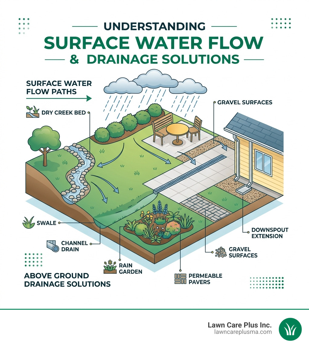 Infographic showing surface water flow paths and above ground drainage solutions in a backyard - above ground drainage