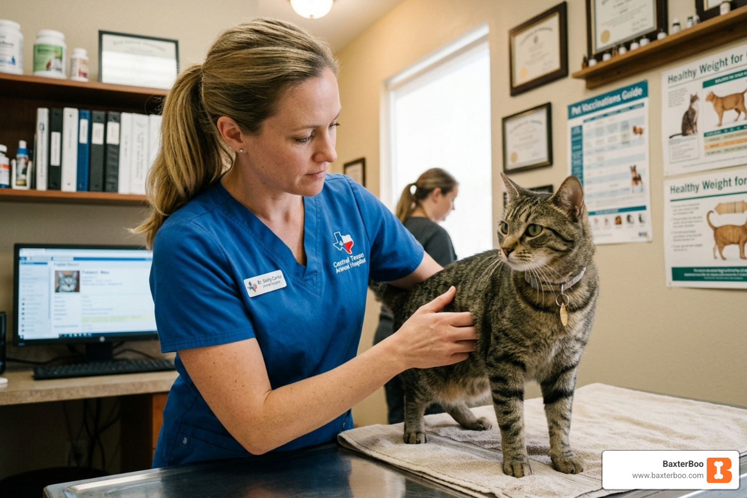veterinarian performing a physical exam on a cat to check body condition - healthy cat weight loss veterinarian performing a physical exam on a cat to check body condition - healthy cat weight loss