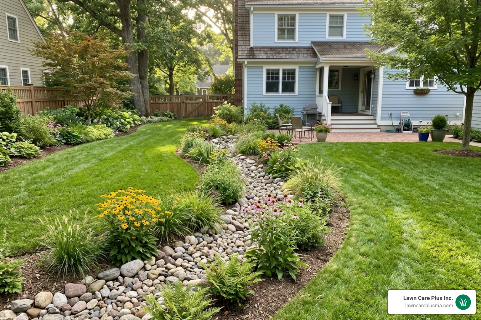 A functional backyard swale lined with river rocks and native plants - above ground drainage solutions