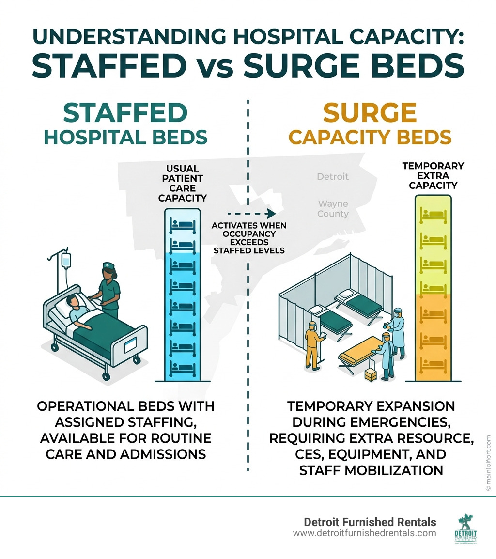 Infographic comparing staffed hospital beds vs surge capacity in Detroit Wayne County hospitals - are detroit hospitals at