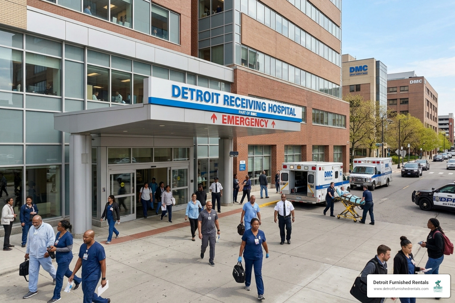 Detroit Receiving Hospital exterior entrance showing patient flow - are detroit hospitals at capacity