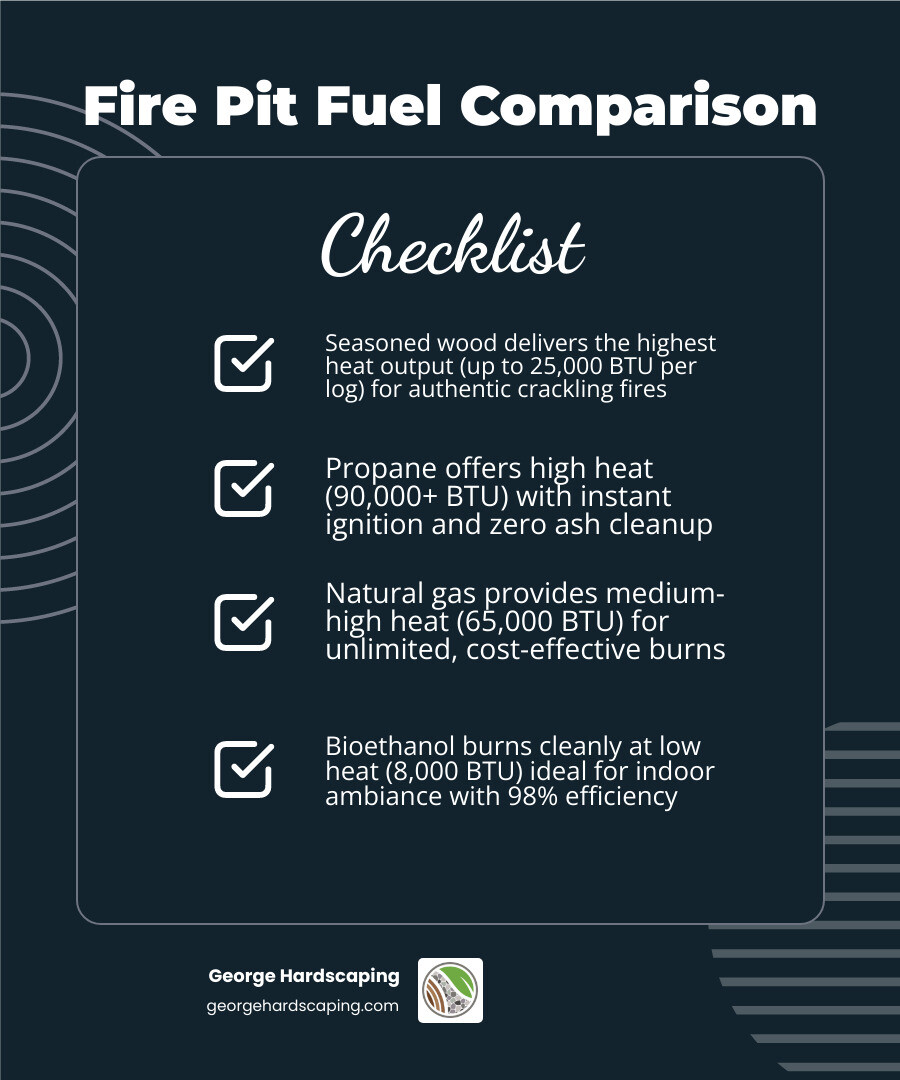 Infographic comparing fire pit fuel types by heat output, cost, and ease of use - Fire pit fuel options infographic