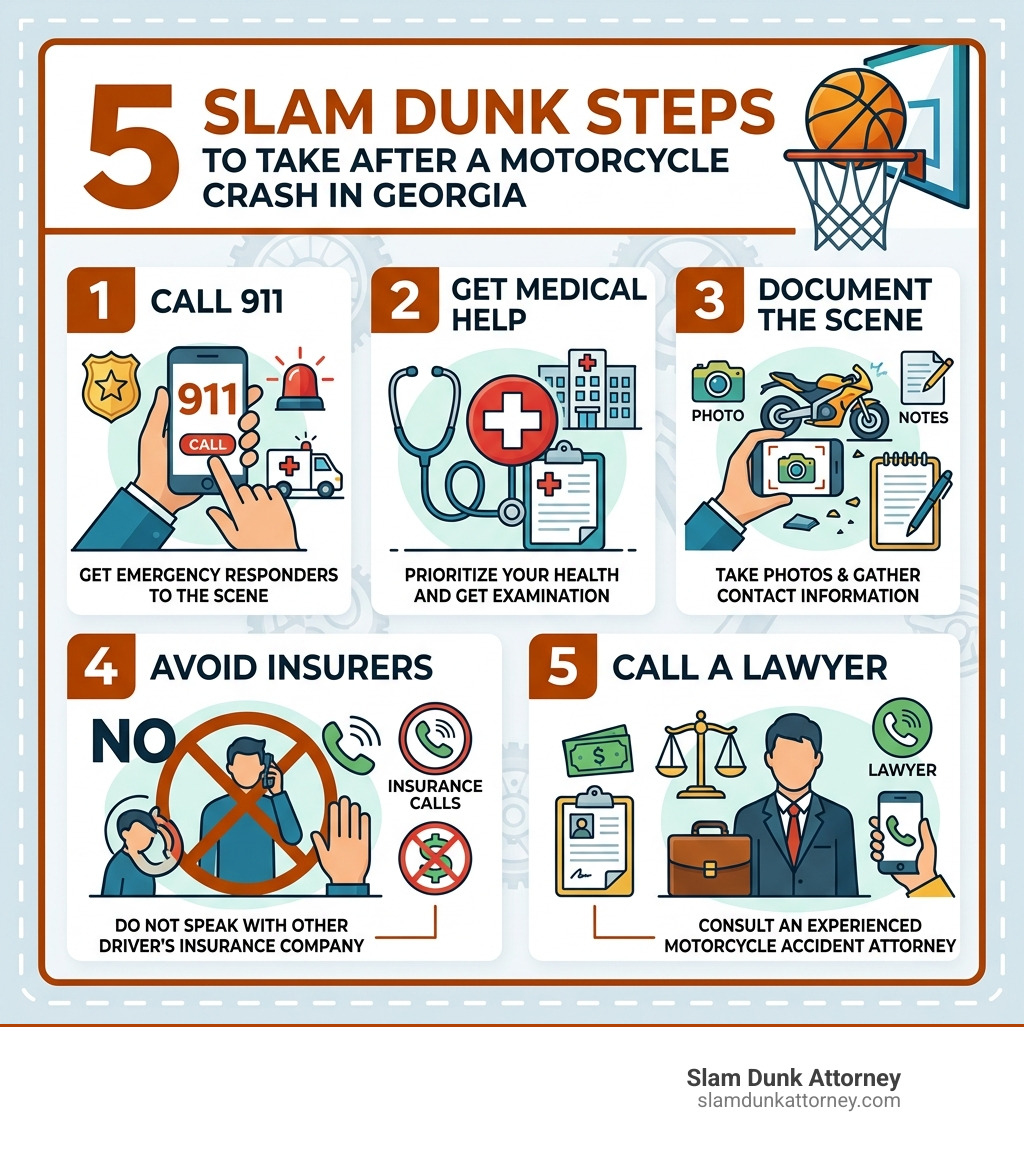 Infographic: 5 Slam Dunk steps to take after a motorcycle crash in Georgia - call 911, get medical help, document the scene Infographic: 5 Slam Dunk steps to take after a motorcycle crash in Georgia - call 911, get medical help, document the scene
