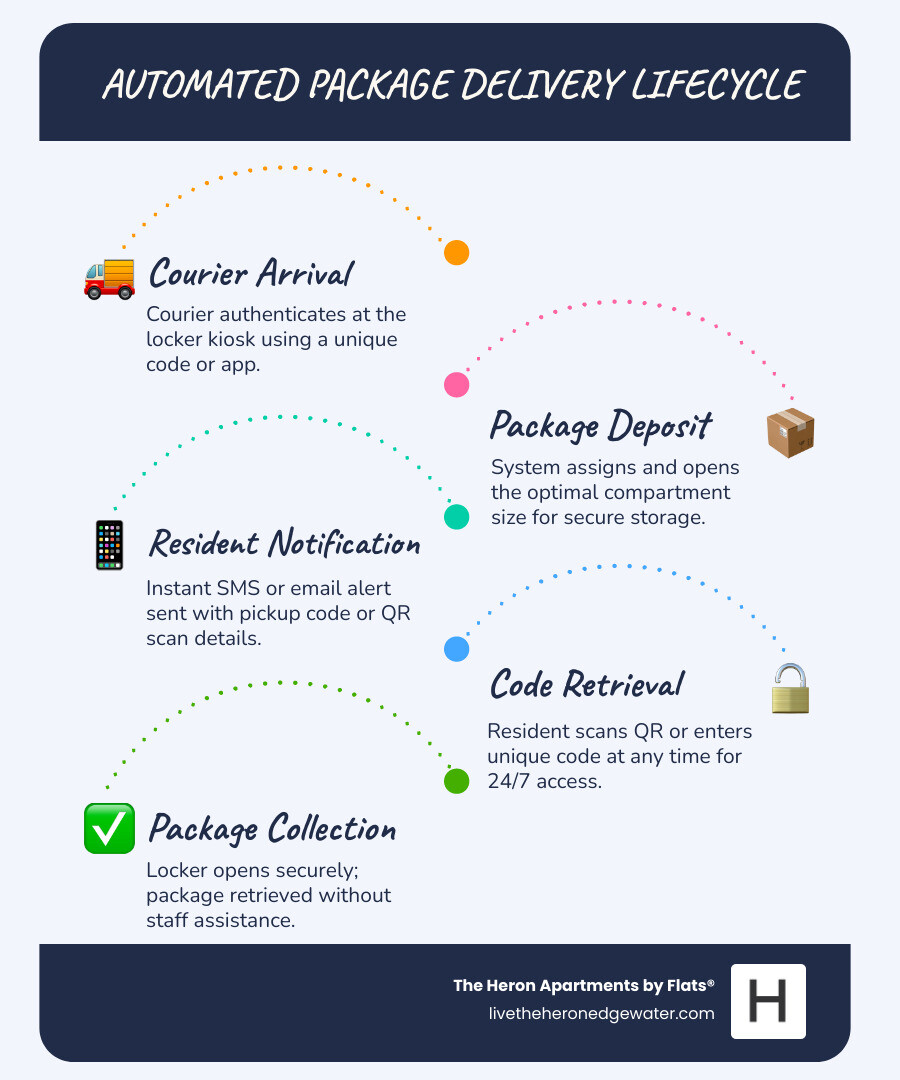 Infographic showing automated package delivery and retrieval lifecycle in apartment communities - apartments with package Infographic showing automated package delivery and retrieval lifecycle in apartment communities - apartments with package