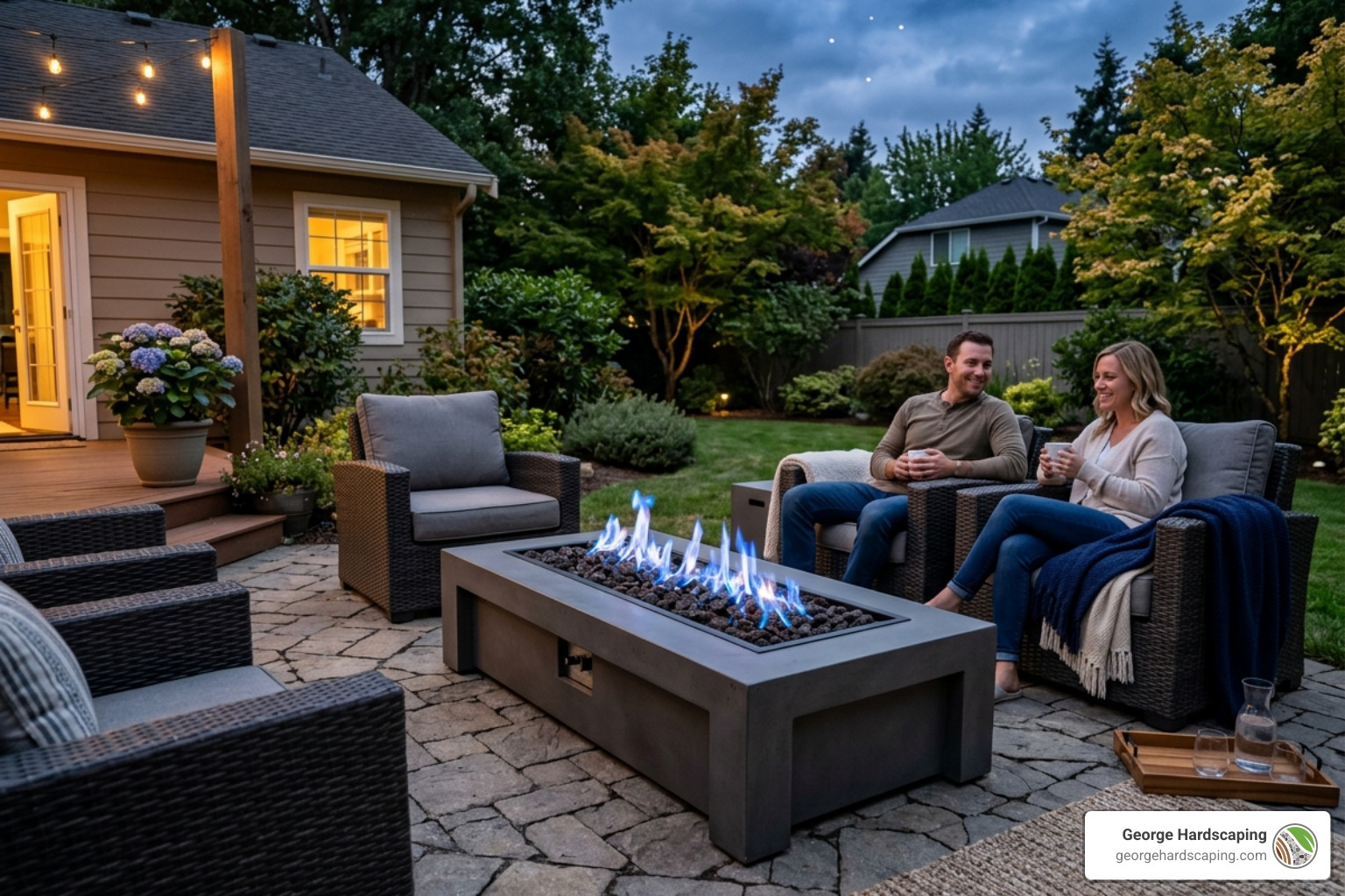 Modern propane fire table on a paver patio - Fire pit fuel options