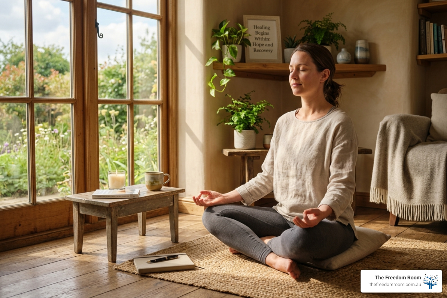 A woman practicing mindful meditation to manage stress and counteract the 5 long-term effects of consuming alcohol on mental health.