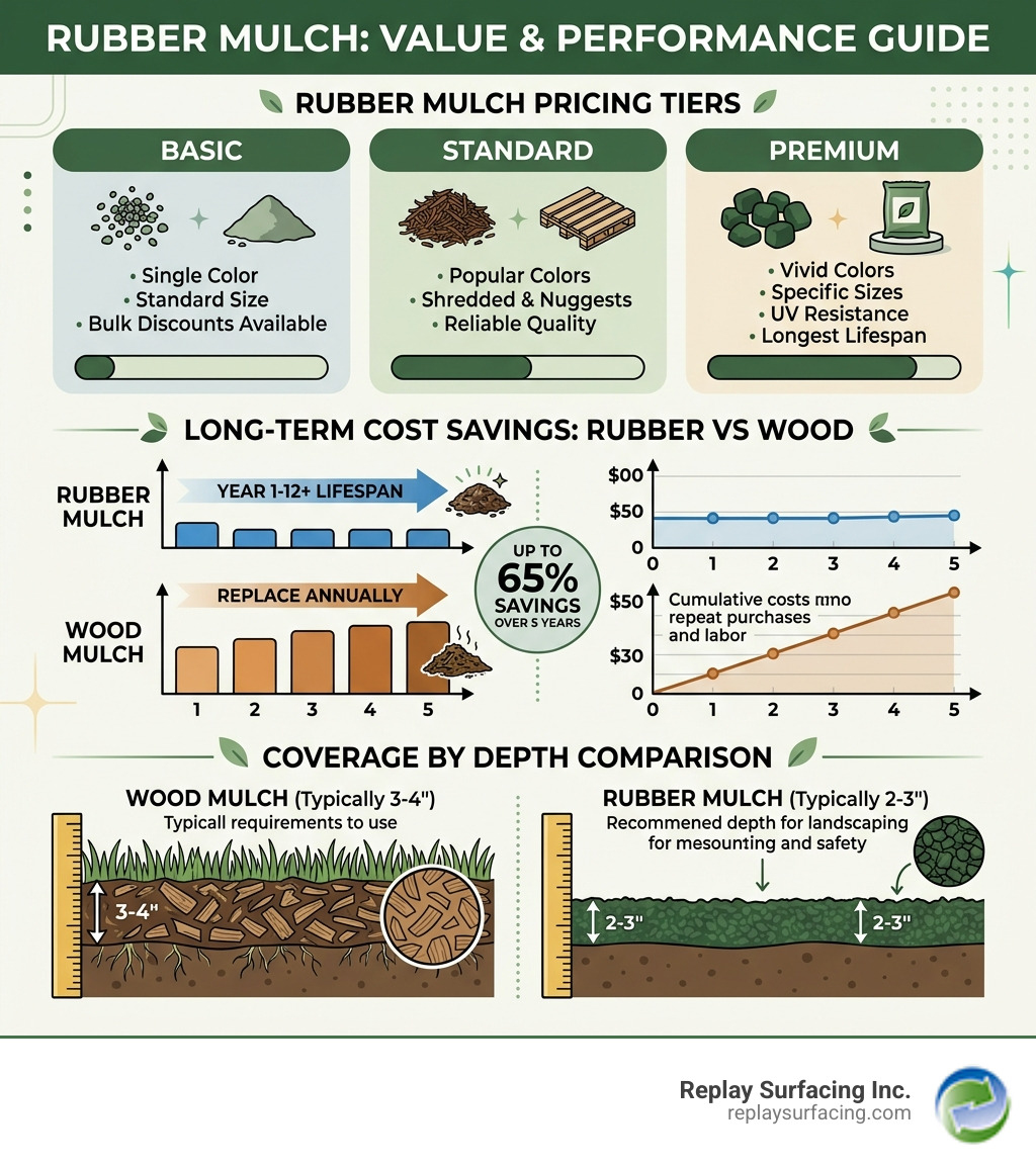 Rubber mulch pricing tiers, long-term cost savings vs wood mulch, and coverage by depth comparison infographic - best price