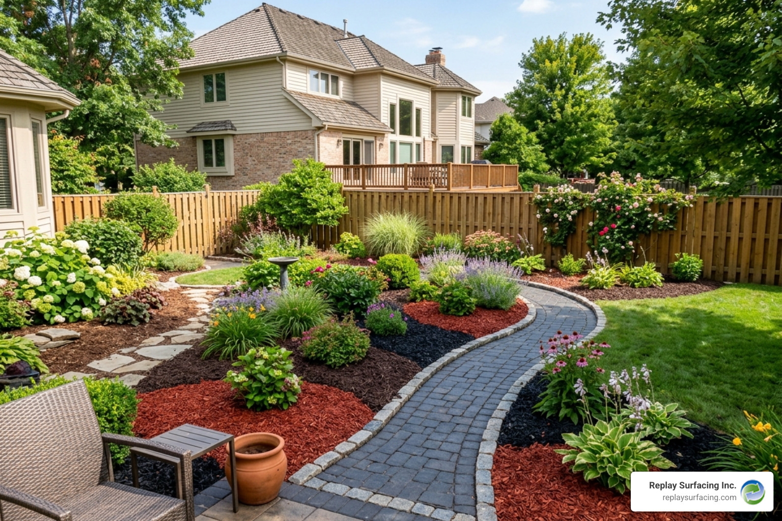 Vibrant rubber mulch color options including red, brown, and black in a landscaped garden - best price on rubber mulch