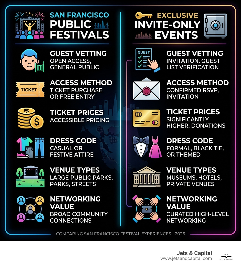 Infographic comparing San Francisco public festivals vs. invite-only exclusive events: showing side-by-side differences in guest vetting, access methods, ticket prices, dress codes, venue types, and networking value — with examples like Outside Lands as public and Fine Arts Museums Annual Gala as exclusive - San Francisco exclusive events infographic 
