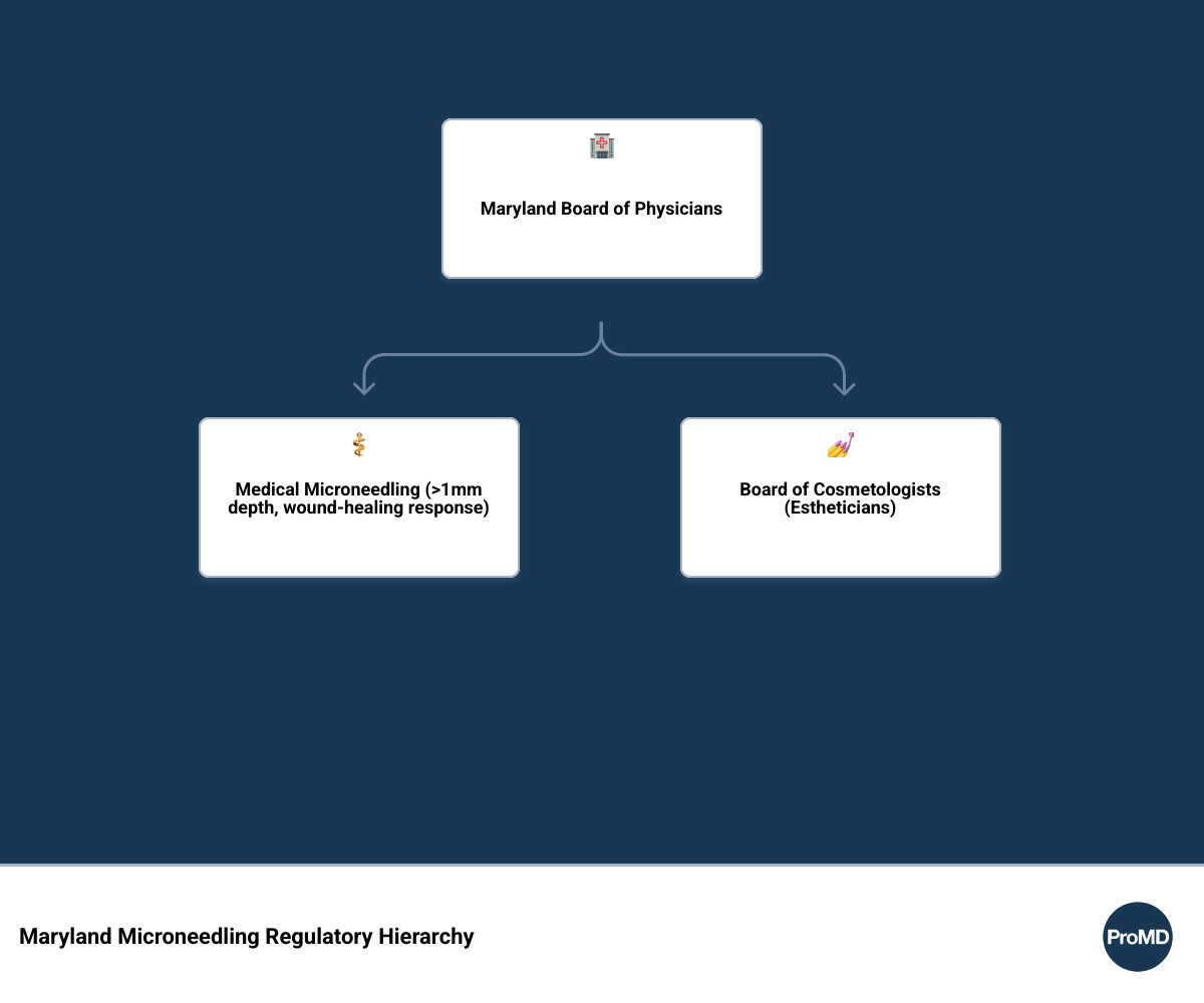 Infographic showing Maryland microneedling regulatory hierarchy from Board of Physicians to Board of Cosmetologists with