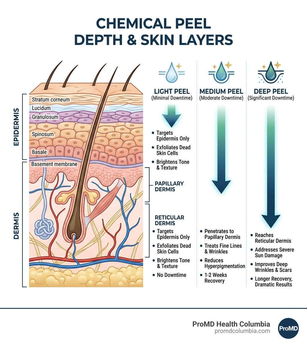 Infographic showing skin layers epidermis dermis and depth of light medium deep chemical peels - chemical peel facial md